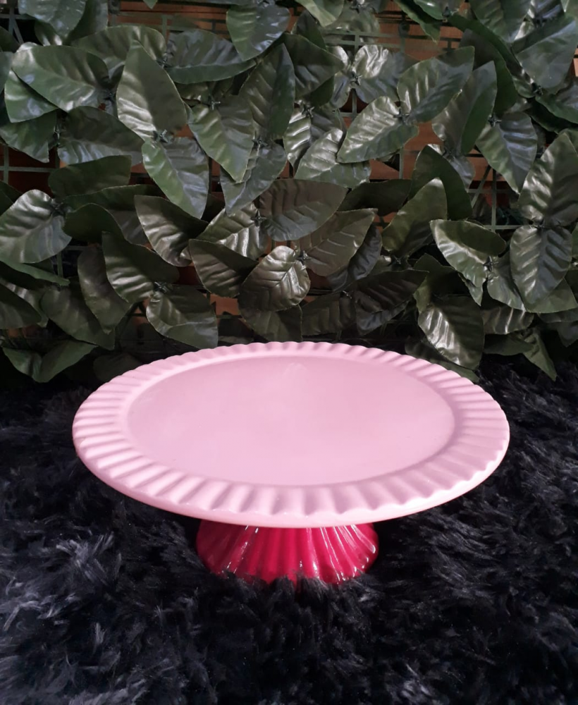 Suporte redondo porcelana rosa bebê com pé rosa pink frisado pq